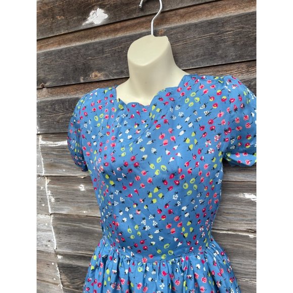 Vintage 1930s Novelty Print Cherries Fruit Blue Dress - Picture 4 of 12